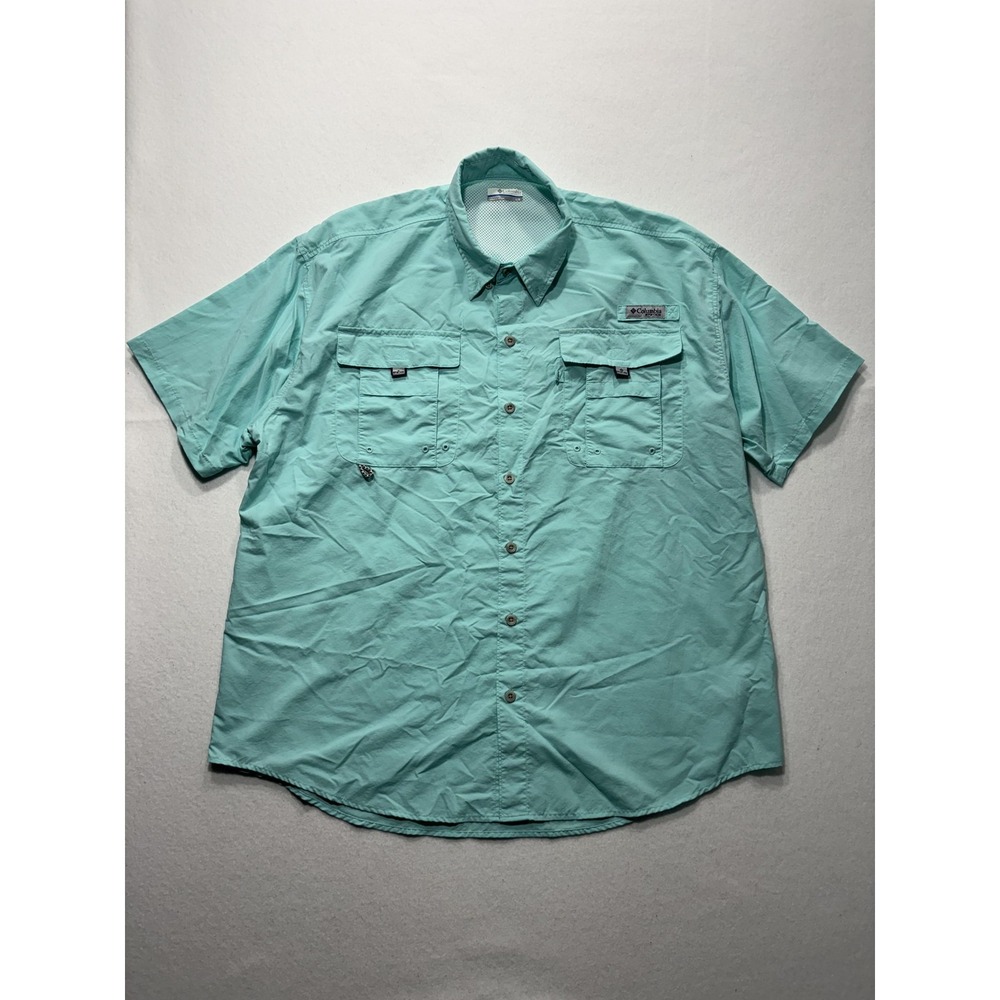 Columbia PFG Omni-Shade Shirt Mens Large Blue Short Sleeve Fishing Button Up
